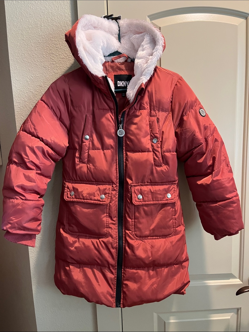 DKNY Girls rust color Hooded Puffer Coat with Faux-Fur Lining